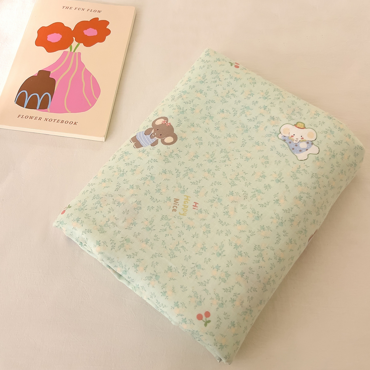 91家纺网 家纺一手货源 找家纺 DoDo 兜兜 2026新款全棉纯棉小温暖双层纱单被套单品被套被套单件（可定做尺寸） 幸福小象-绿