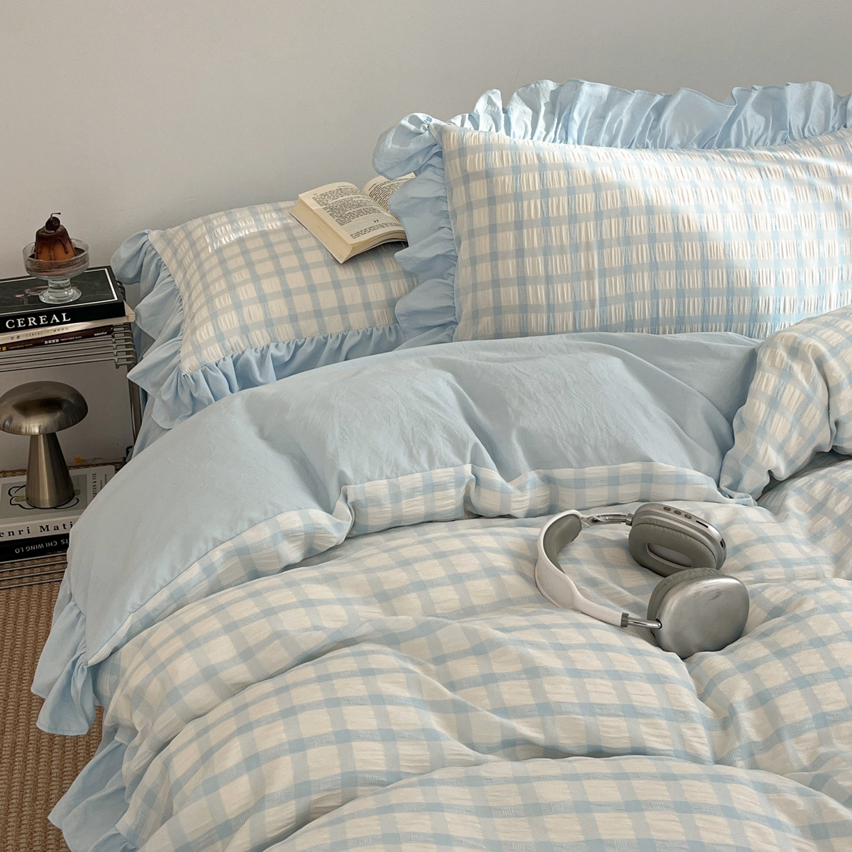 91家纺网 家纺一手货源 找家纺 （总）乐卧家居 2026新款韩系千禧梦核复古回潮少女感格纹褶皱款荷叶边四件套