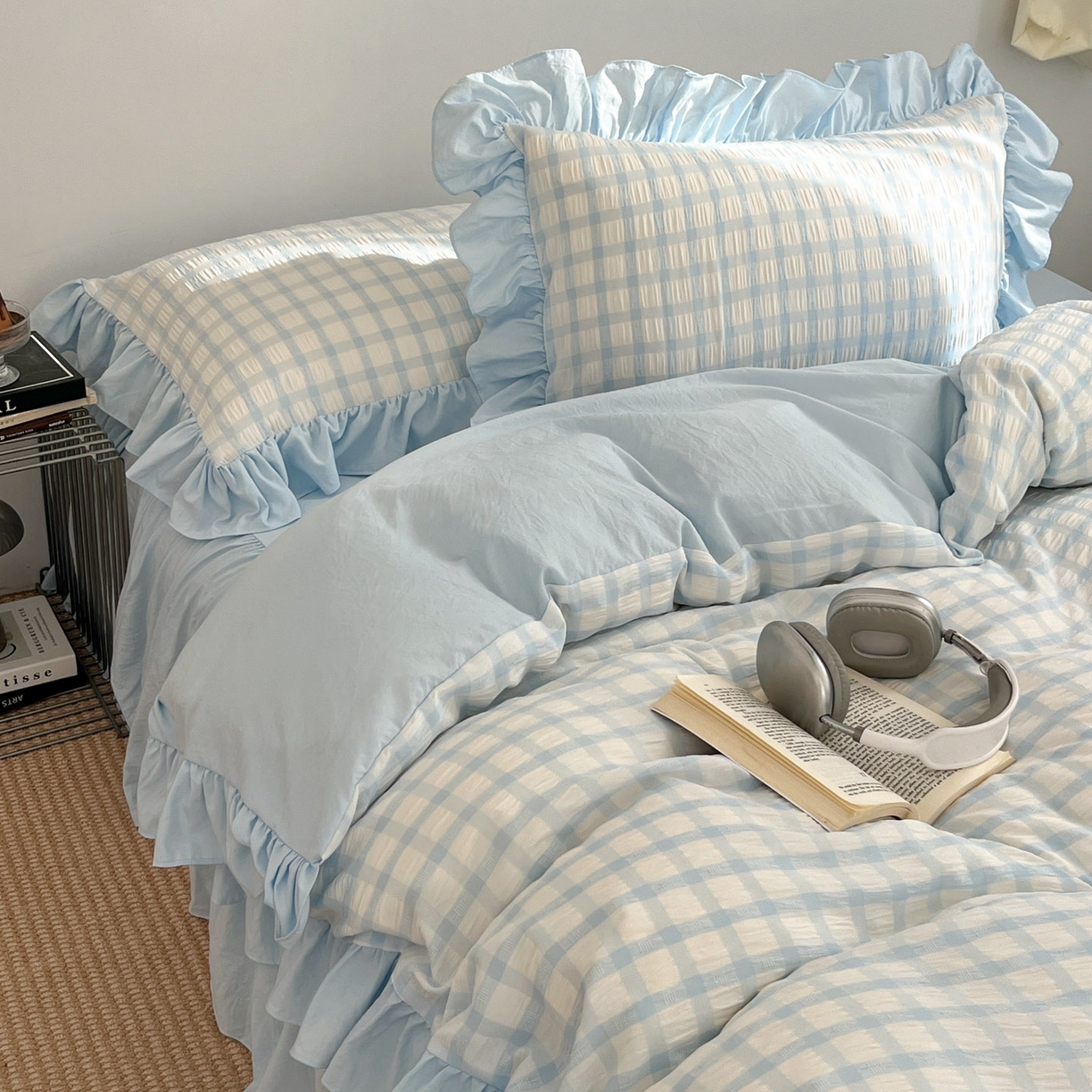 91家纺网 家纺一手货源 找家纺 （总）乐卧家居 2026新款韩系千禧梦核复古回潮少女感格纹褶皱款荷叶边四件套