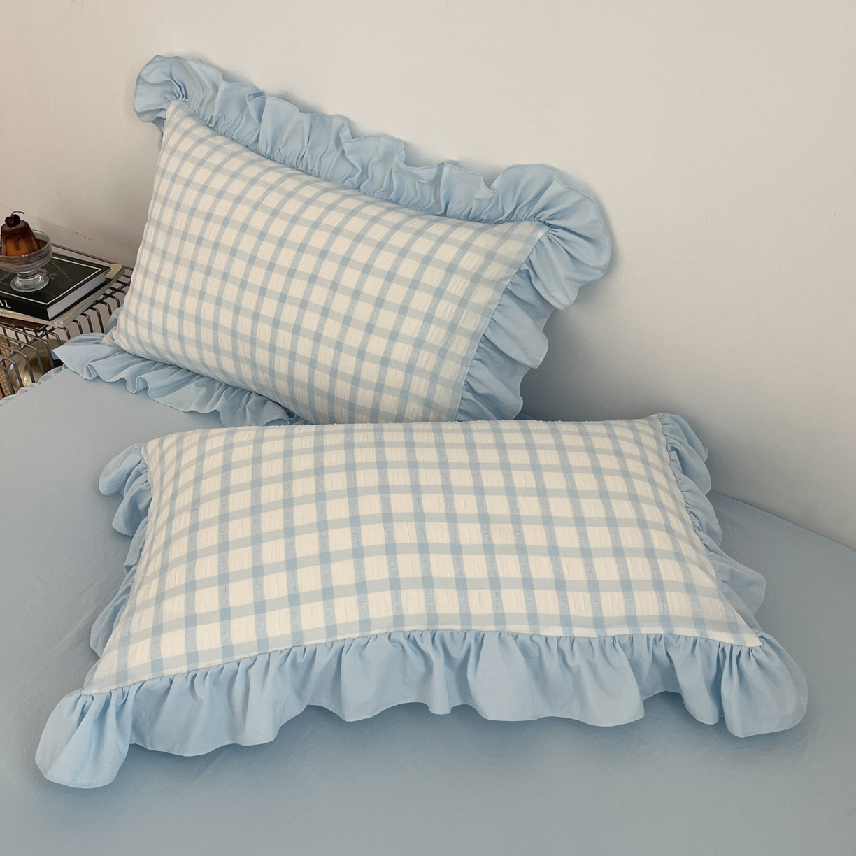 91家纺网 家纺一手货源 找家纺 （总）乐卧家居 2026新款韩系千禧梦核复古回潮少女感格纹褶皱款荷叶边四件套