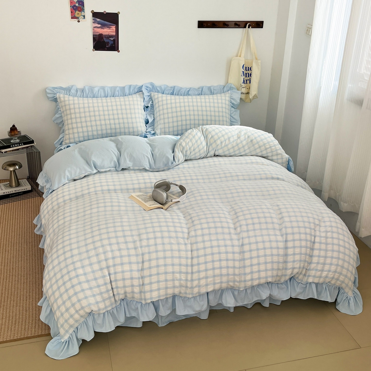 91家纺网 家纺一手货源 找家纺 （总）乐卧家居 2026新款韩系千禧梦核复古回潮少女感格纹褶皱款荷叶边四件套