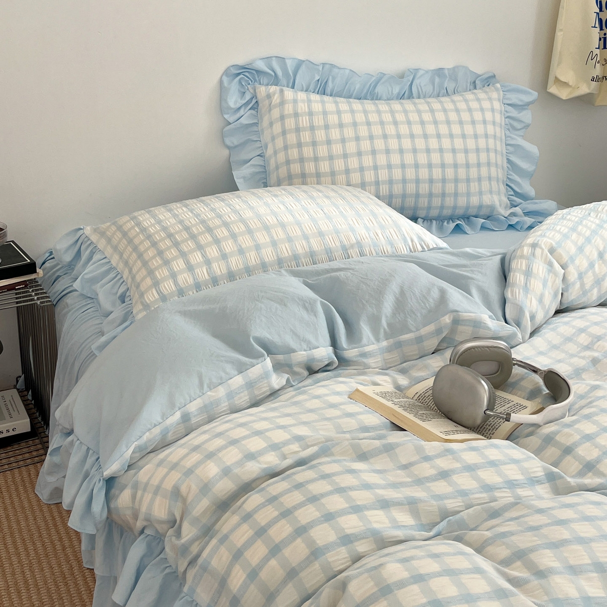 91家纺网 家纺一手货源 找家纺 （总）乐卧家居 2026新款韩系千禧梦核复古回潮少女感格纹褶皱款荷叶边四件套