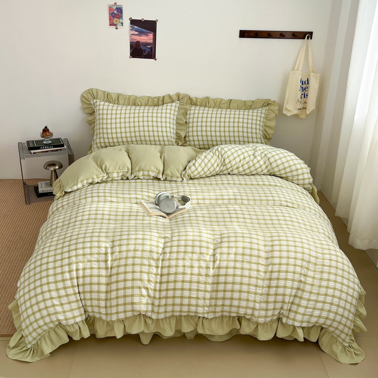 91家纺网 家纺一手货源 找家纺 乐卧家居 2026新款韩系千禧梦核复古回潮少女感格纹褶皱款荷叶边四件套 千禧-复古绿