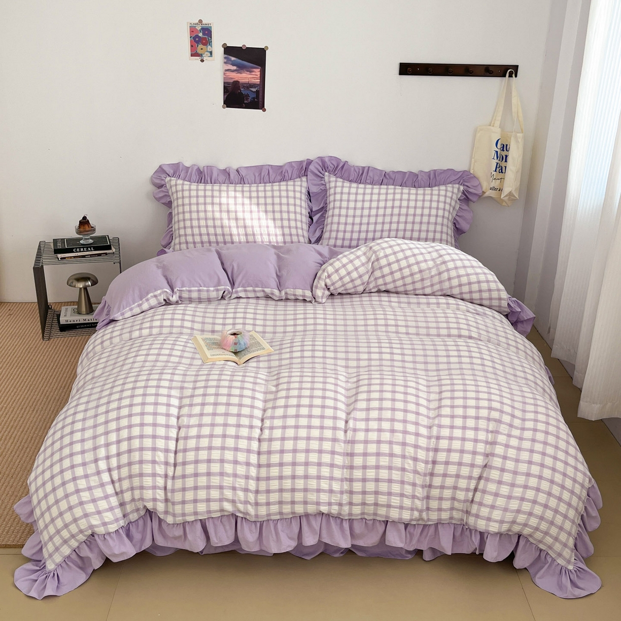 91家纺网 家纺一手货源 找家纺 乐卧家居 2026新款韩系千禧梦核复古回潮少女感格纹褶皱款荷叶边四件套 千禧-芋泥紫
