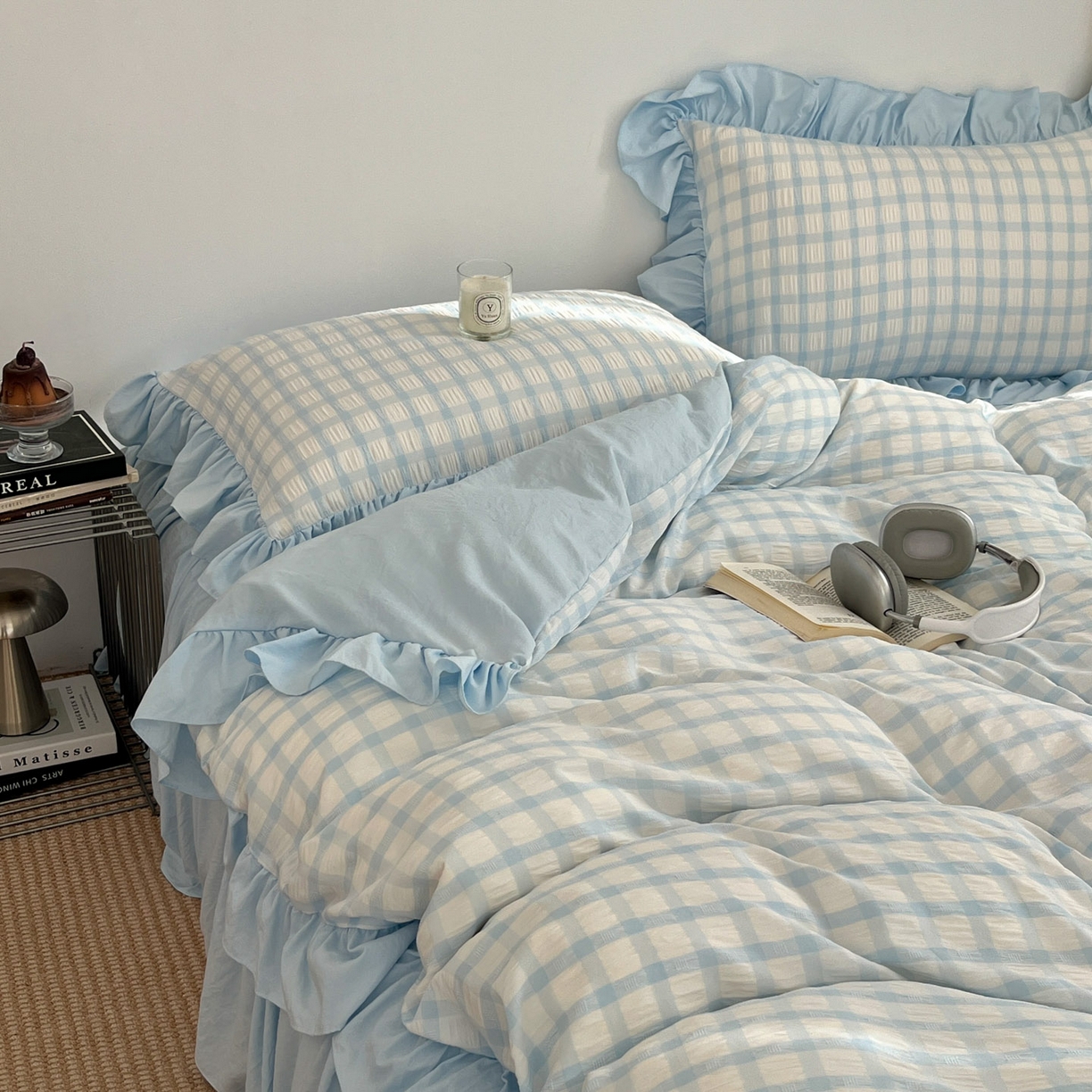 91家纺网 家纺一手货源 找家纺 乐卧家居 2026新款韩系千禧梦核复古回潮少女感格纹褶皱款荷叶边四件套 千禧-奶油蓝