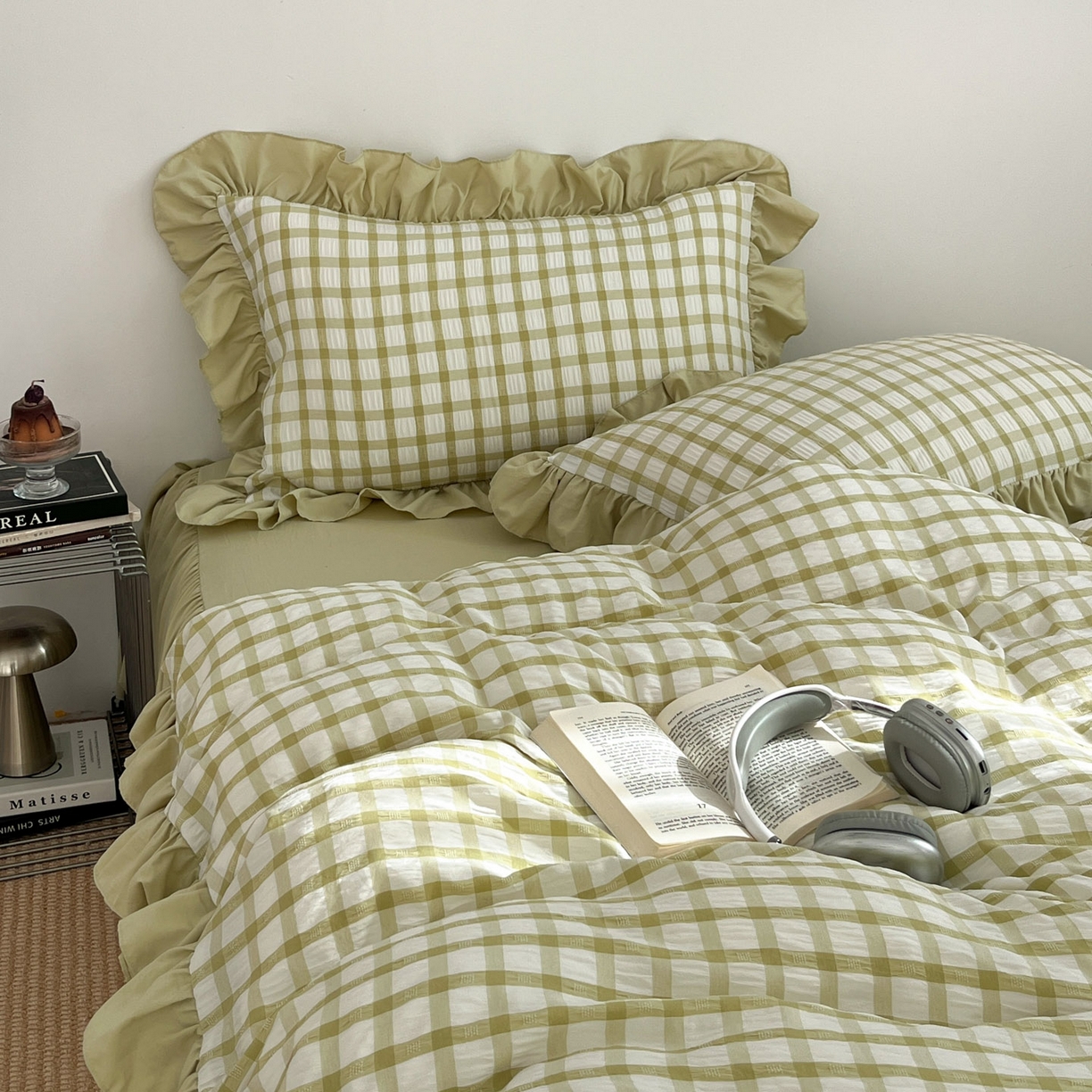 91家纺网 家纺一手货源 找家纺 乐卧家居 2026新款韩系千禧梦核复古回潮少女感格纹褶皱款荷叶边四件套 千禧-复古绿