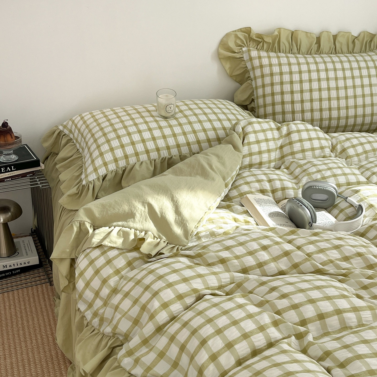 91家纺网 家纺一手货源 找家纺 乐卧家居 2026新款韩系千禧梦核复古回潮少女感格纹褶皱款荷叶边四件套 千禧-复古绿