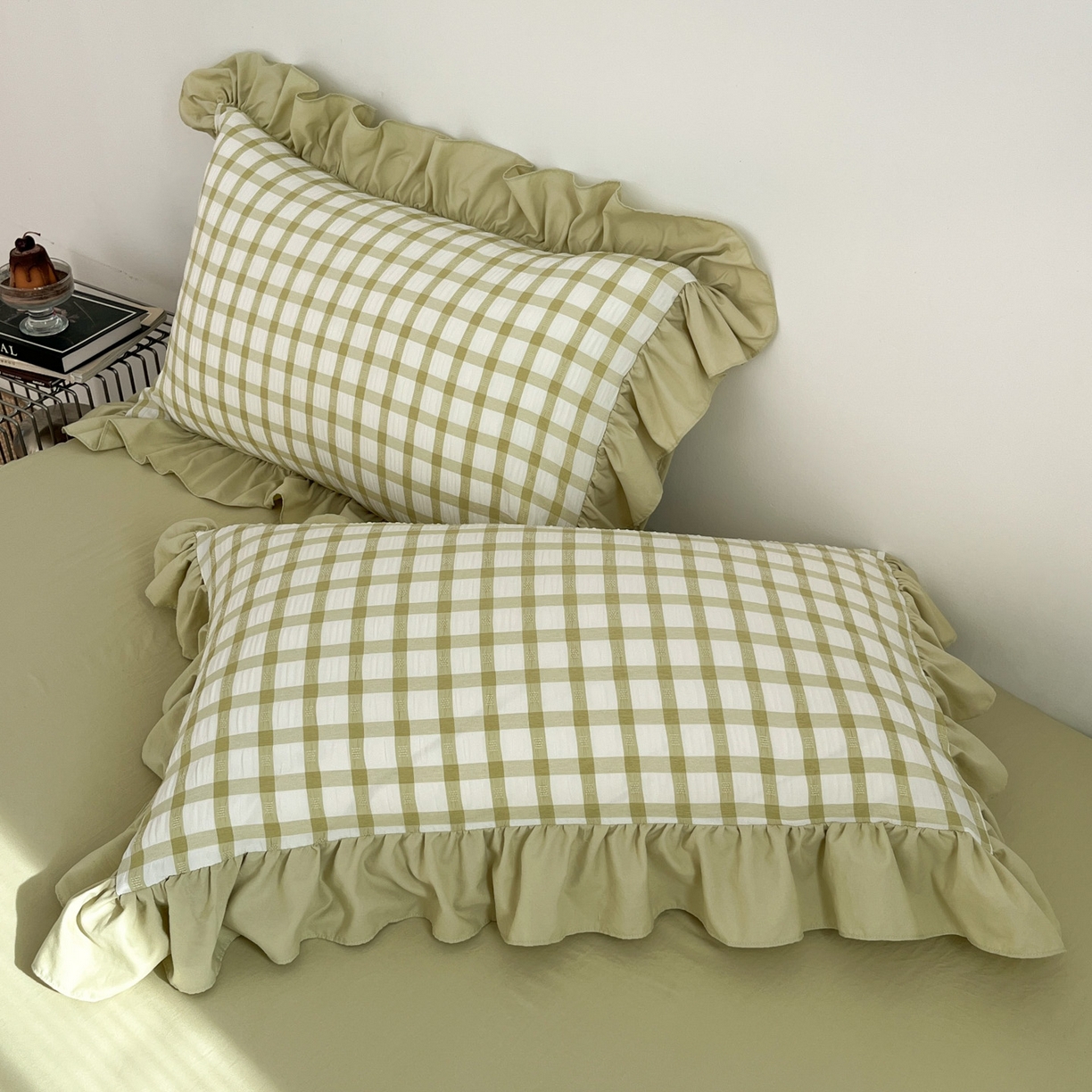 91家纺网 家纺一手货源 找家纺 乐卧家居 2026新款韩系千禧梦核复古回潮少女感格纹褶皱款荷叶边四件套 千禧-复古绿