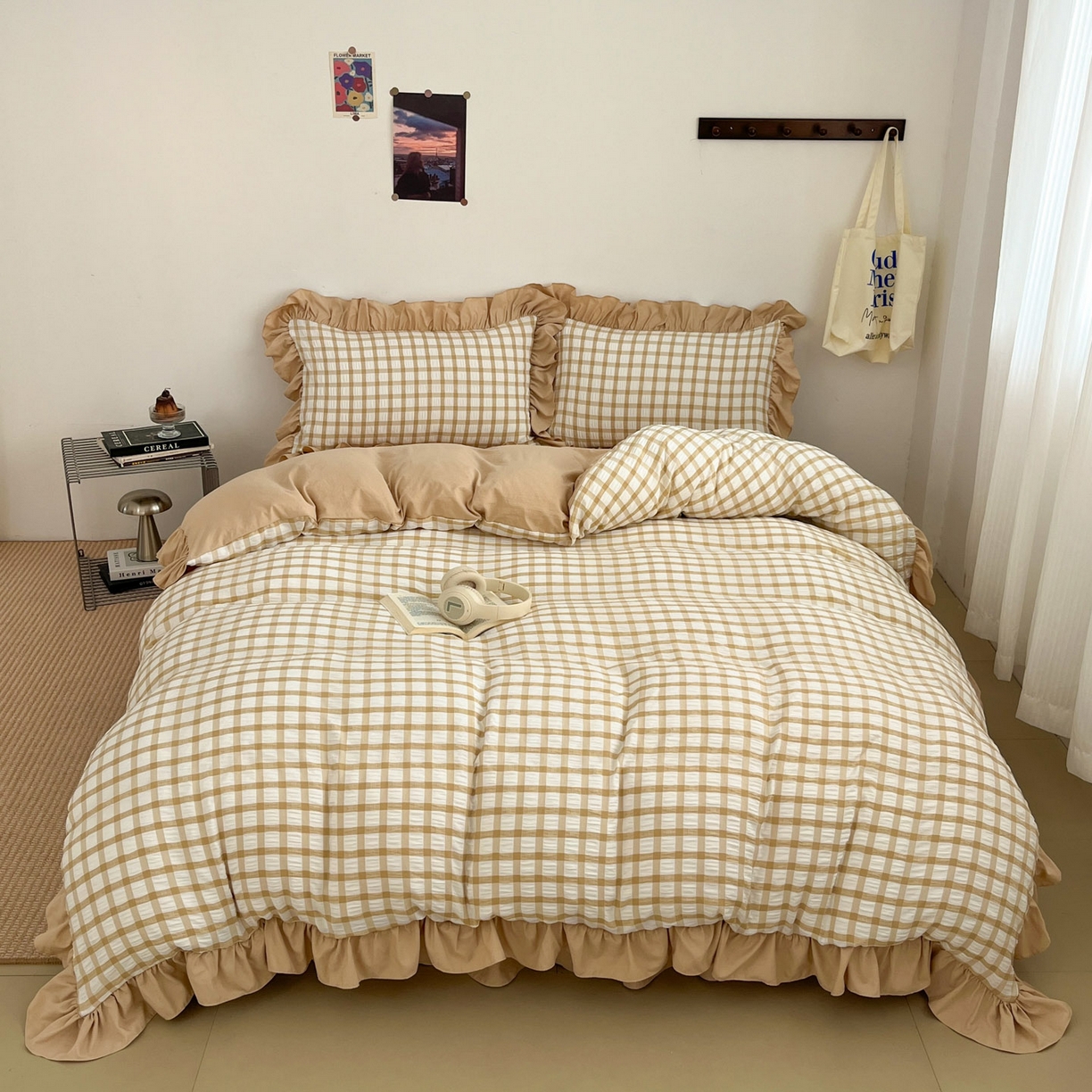 乐卧家居 2026新款韩系千禧梦核复古回潮少女感格纹褶皱款荷叶边四件套 千禧-摩卡咖