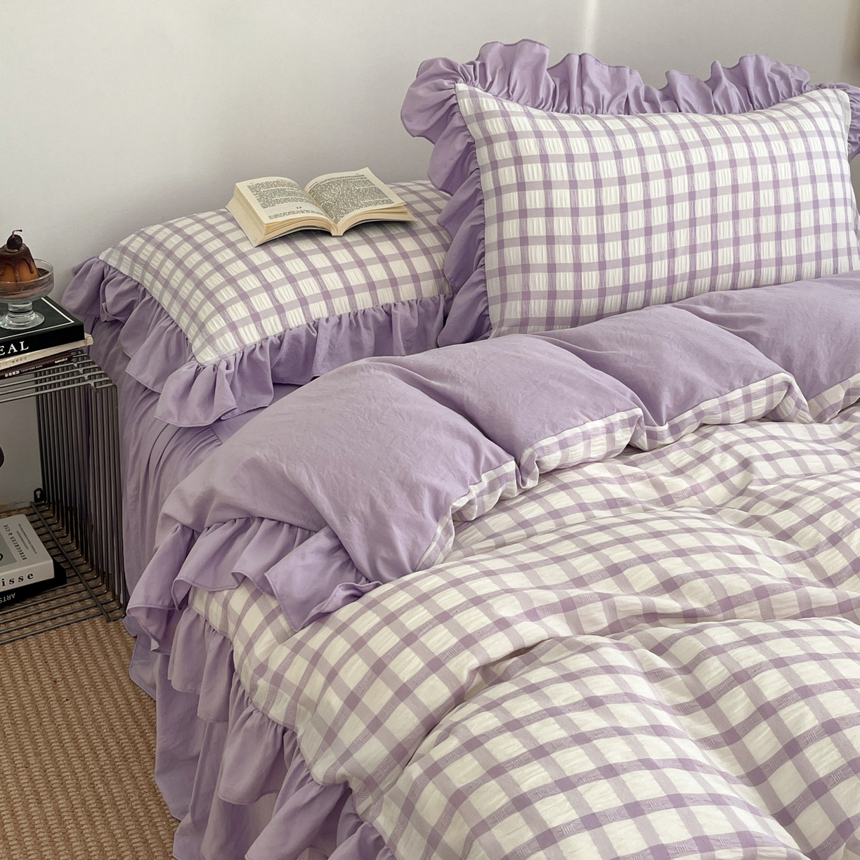 91家纺网 家纺一手货源 找家纺 乐卧家居 2026新款韩系千禧梦核复古回潮少女感格纹褶皱款荷叶边四件套 千禧-芋泥紫