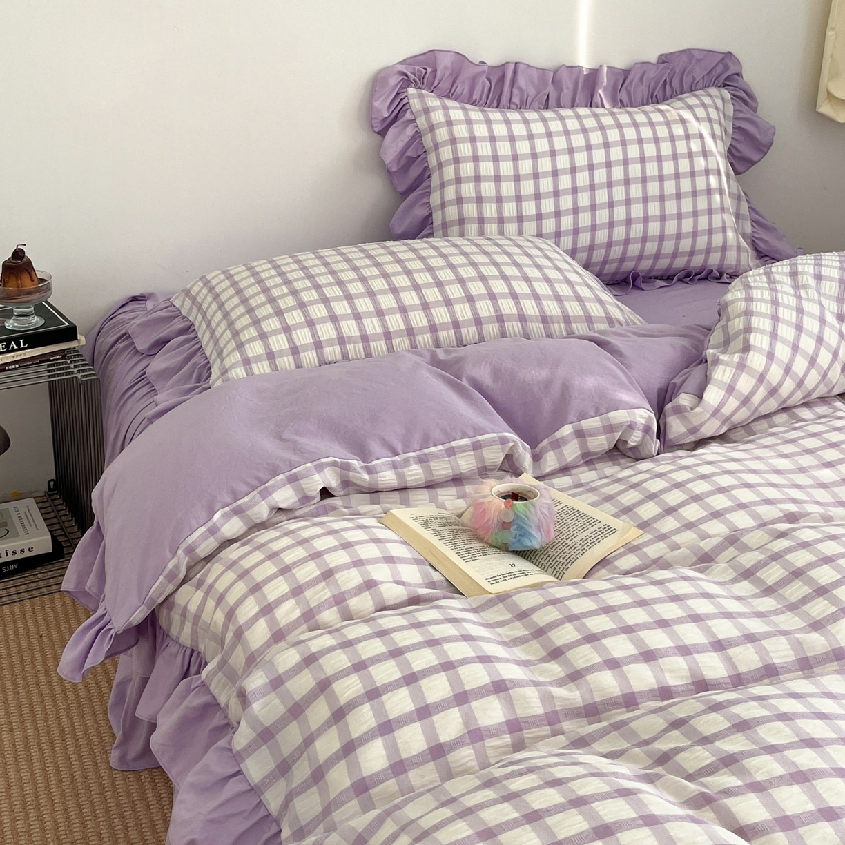 91家纺网 家纺一手货源 找家纺 乐卧家居 2026新款韩系千禧梦核复古回潮少女感格纹褶皱款荷叶边四件套 千禧-芋泥紫