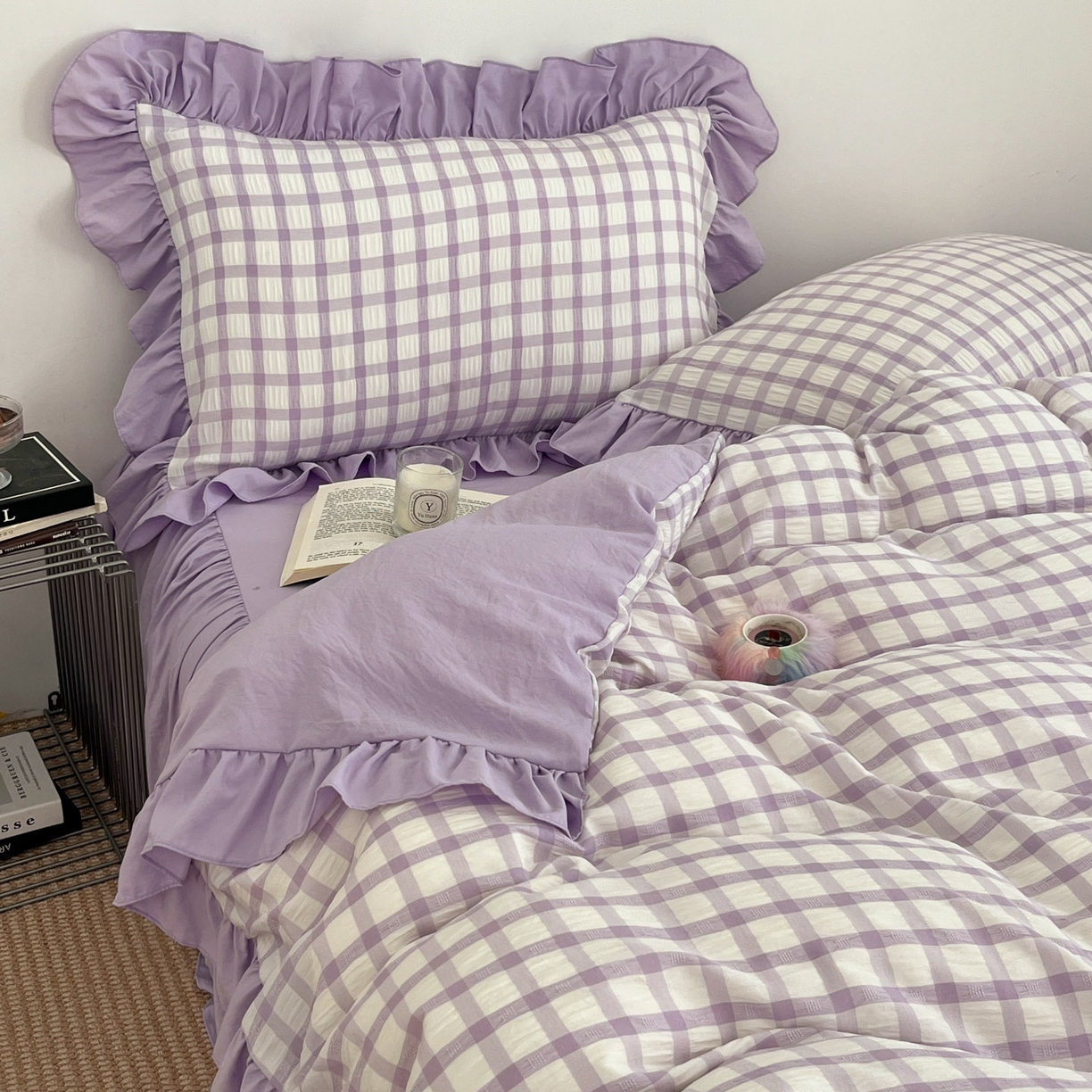 91家纺网 家纺一手货源 找家纺 乐卧家居 2026新款韩系千禧梦核复古回潮少女感格纹褶皱款荷叶边四件套 千禧-芋泥紫