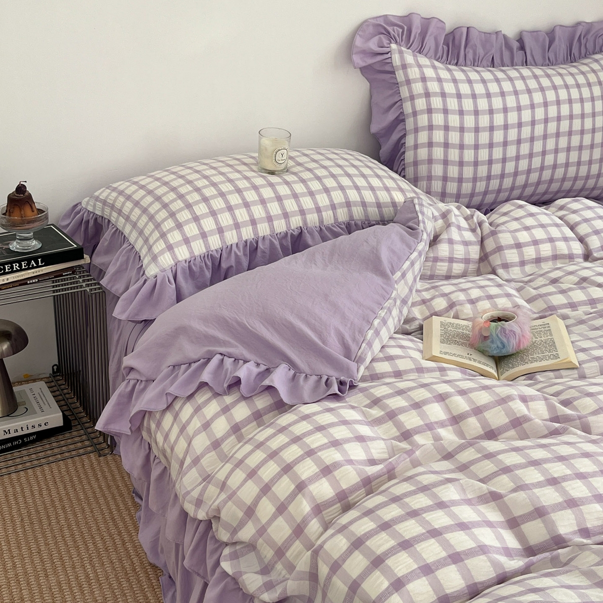 91家纺网 家纺一手货源 找家纺 乐卧家居 2026新款韩系千禧梦核复古回潮少女感格纹褶皱款荷叶边四件套 千禧-芋泥紫