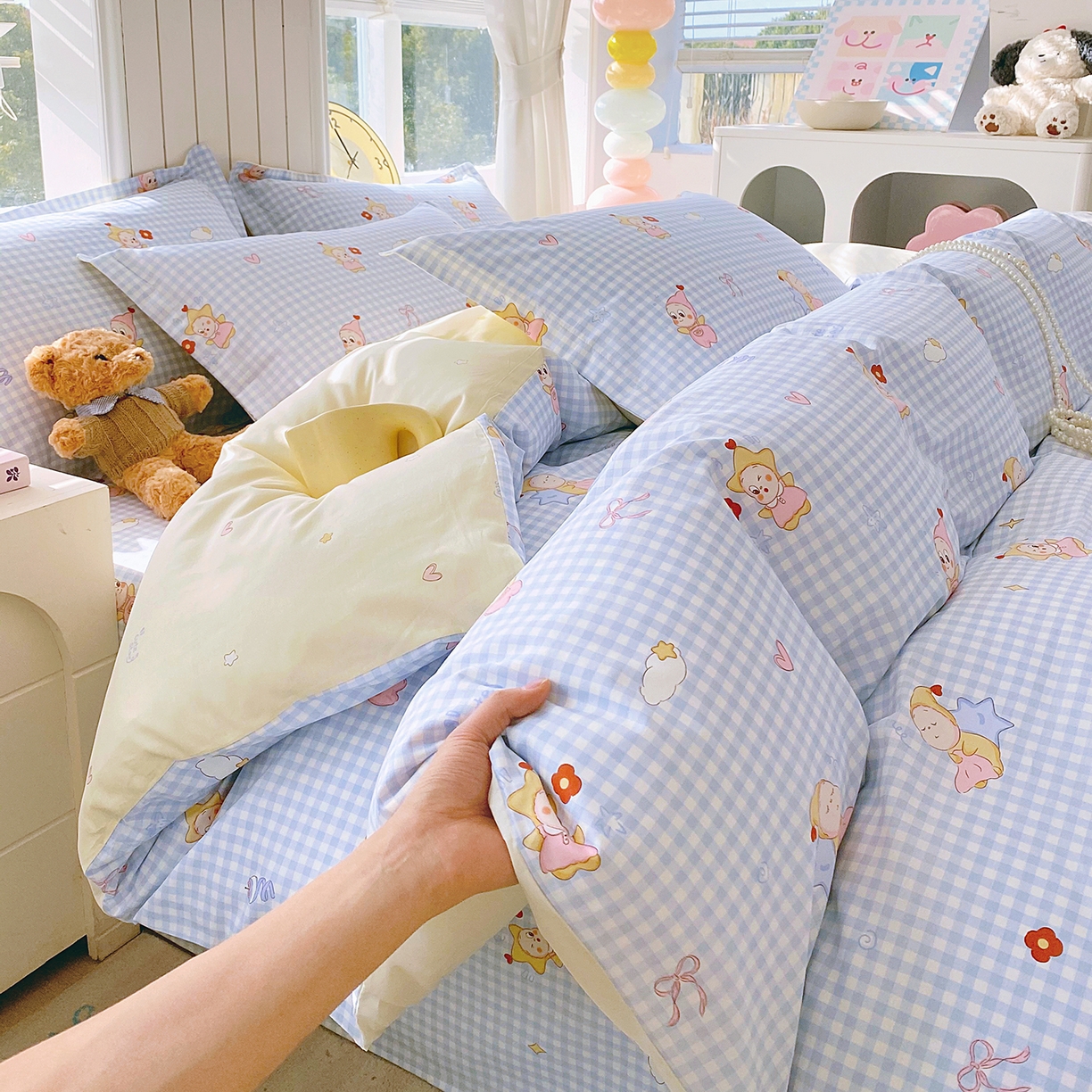 91家纺网 家纺一手货源 找家纺 金丝兔 2026新款ins新疆全棉印花小清新纯棉单被套（提供买家秀和质检报告） 甜梦精灵-蓝