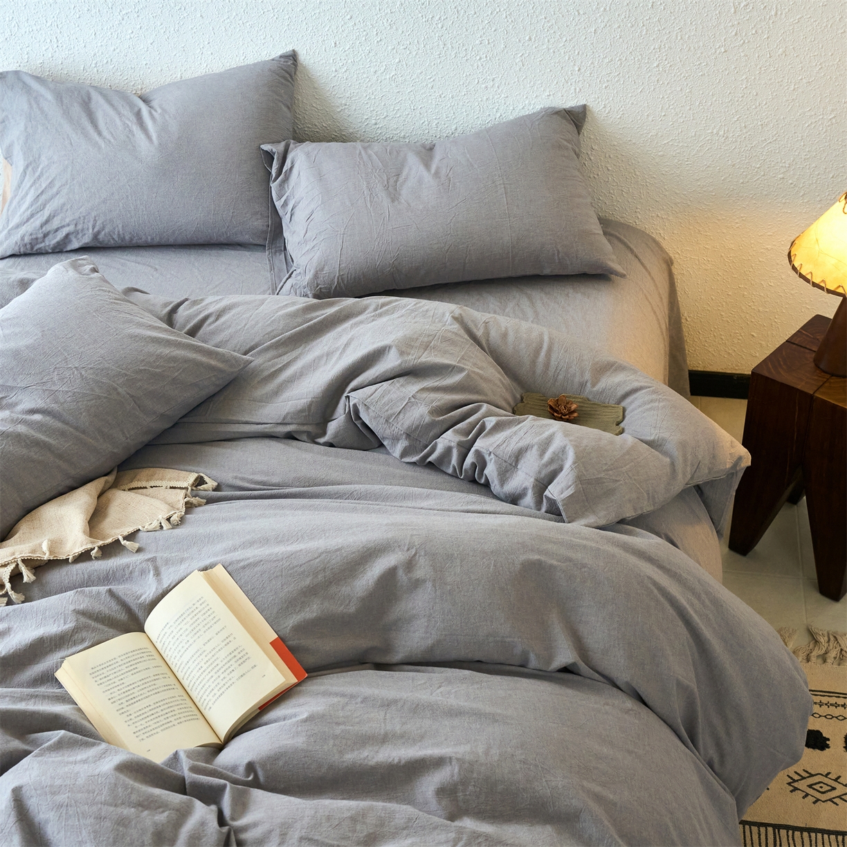 91家纺网 家纺一手货源 找家纺 （总）兰紫橙家纺 2026新款A类色织纯色全棉水洗棉四件套