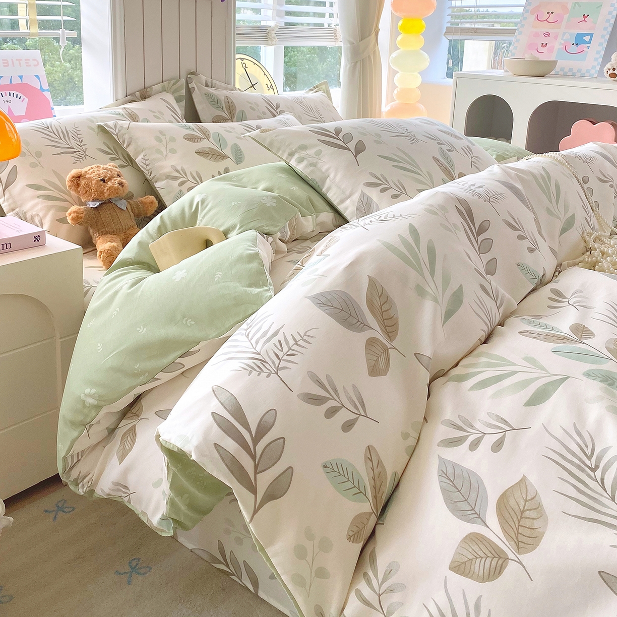 91家纺网 家纺一手货源 找家纺 金丝兔 2026新款ins新疆全棉印花小清新纯棉单被套（提供买家秀和质检报告） 叶语-绿