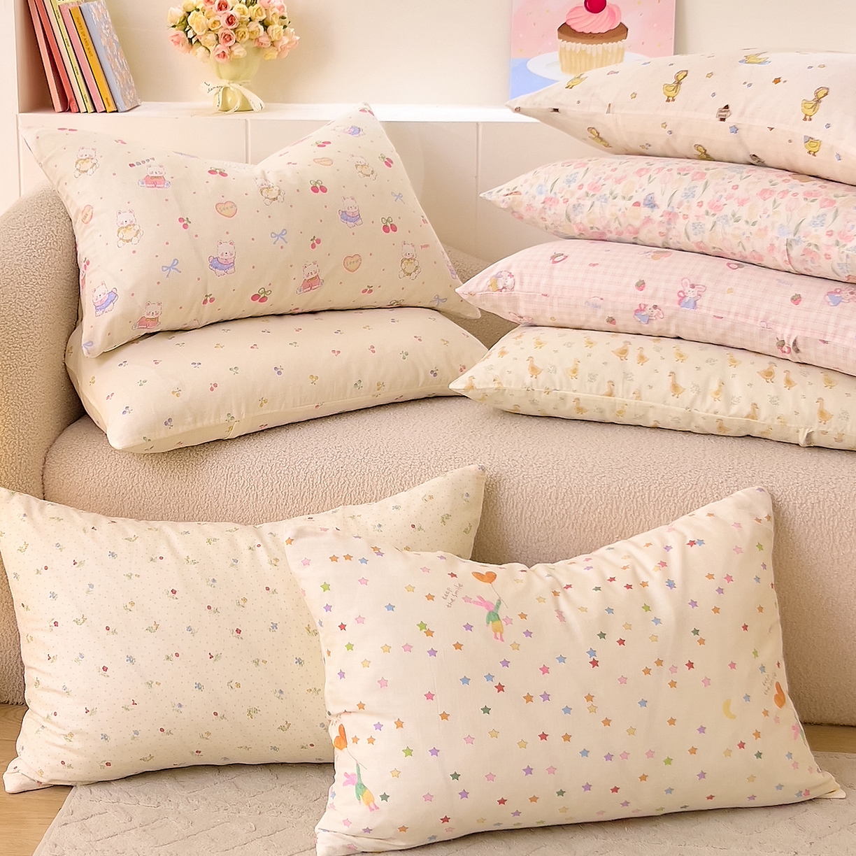 91家纺网 家纺一手货源 找家纺 （总）DoDo 兜兜 2026新款全棉纯棉小温暖双层纱系列单枕套【可定做尺寸】,缤纷小兔,春日女孩,春日小狗,丛林小兔,格子兔,蝴蝶兔兔,花园小狗,可可熊,快乐鸭,萌萌狮,气球小象,五彩樱桃,邂逅-粉,邂逅-黄,幸福小象-绿,雅颜,柚香