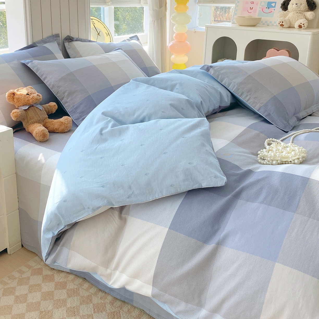 91家纺网 家纺一手货源 找家纺 金丝兔 2026新款ins新疆全棉印花小清新纯棉单被套（提供买家秀和质检报告） 格韵-灰