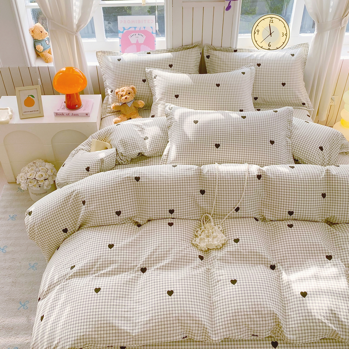 91家纺网 家纺一手货源 找家纺 金丝兔 2026新款ins新疆全棉印花小清新纯棉单被套（提供买家秀和质检报告） 格子爱心