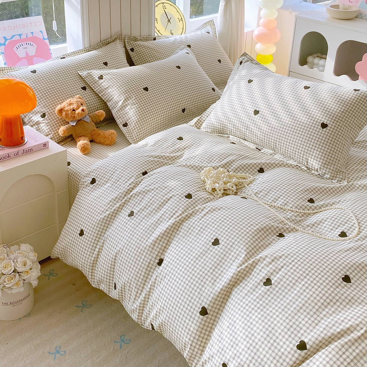 91家纺网 家纺一手货源 找家纺 金丝兔 2026新款ins新疆全棉印花小清新纯棉单被套（提供买家秀和质检报告） 格子爱心