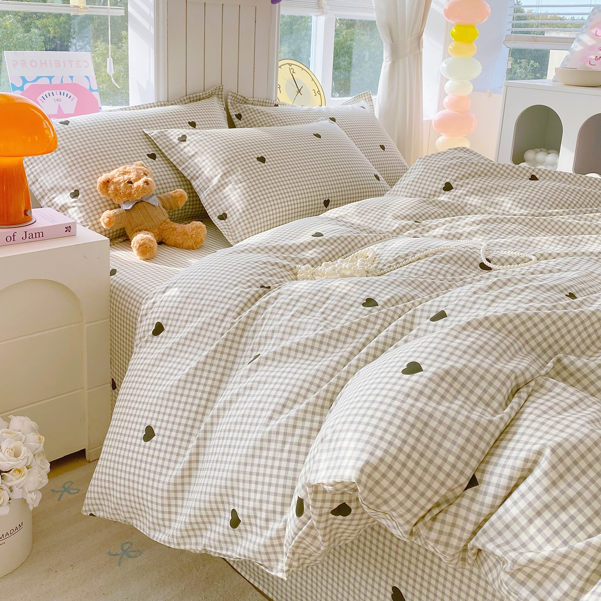 91家纺网 家纺一手货源 找家纺 金丝兔 2026新款ins新疆全棉印花小清新纯棉单被套（提供买家秀和质检报告） 格子爱心