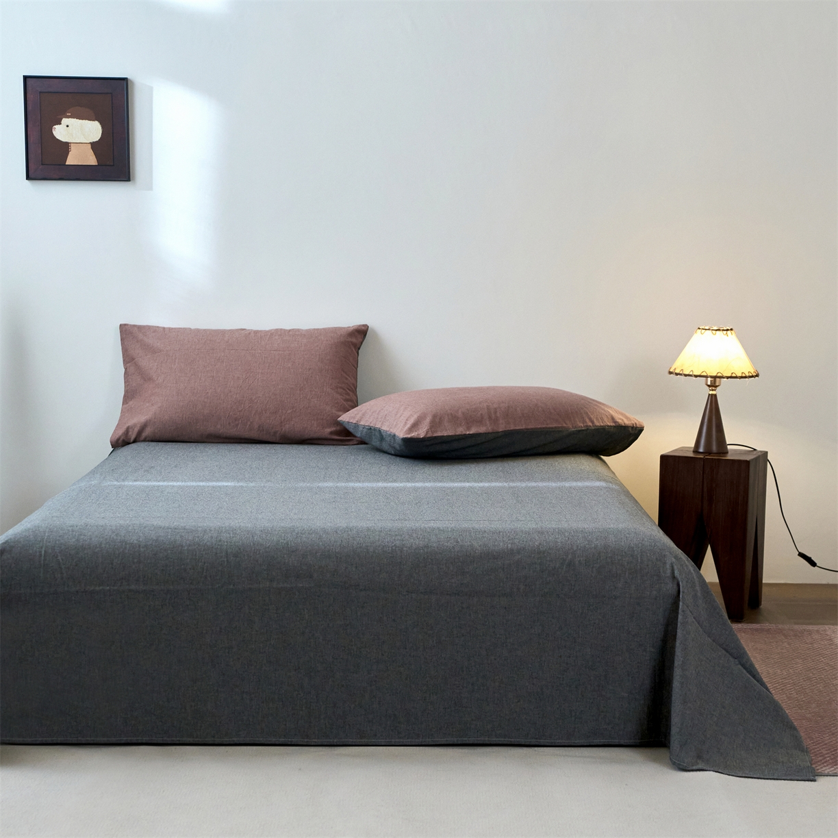 91家纺网 家纺一手货源 找家纺 兰紫橙家纺 2026新款A类色织纯色全棉水洗棉四件套 全棉水洗棉-暗红+月岩黑