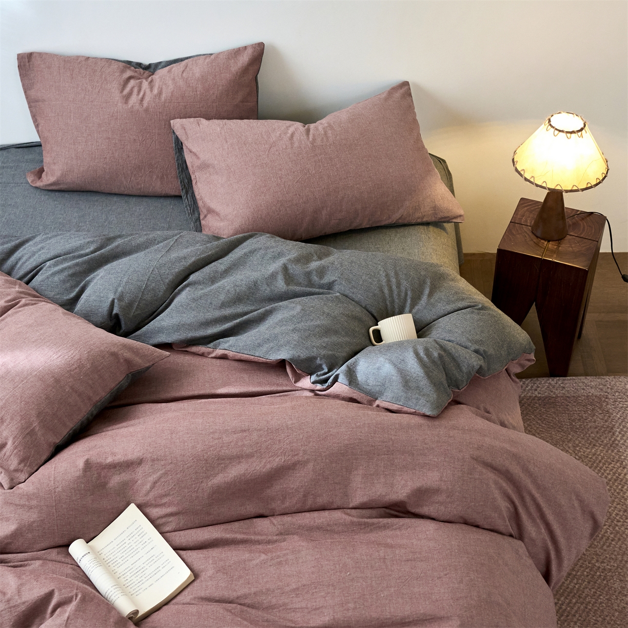 兰紫橙家纺 2026新款A类色织纯色全棉水洗棉四件套 全棉水洗棉-暗红+月岩黑