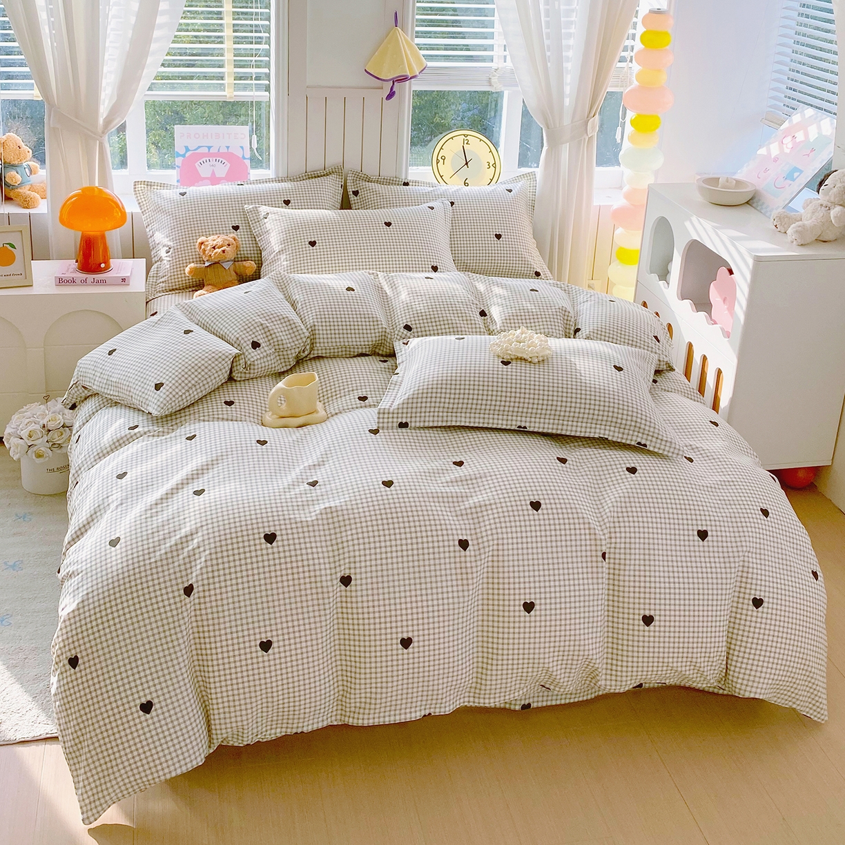 91家纺网 家纺一手货源 找家纺 金丝兔 2026新款ins新疆全棉印花小清新纯棉单被套（提供买家秀和质检报告） 格子爱心