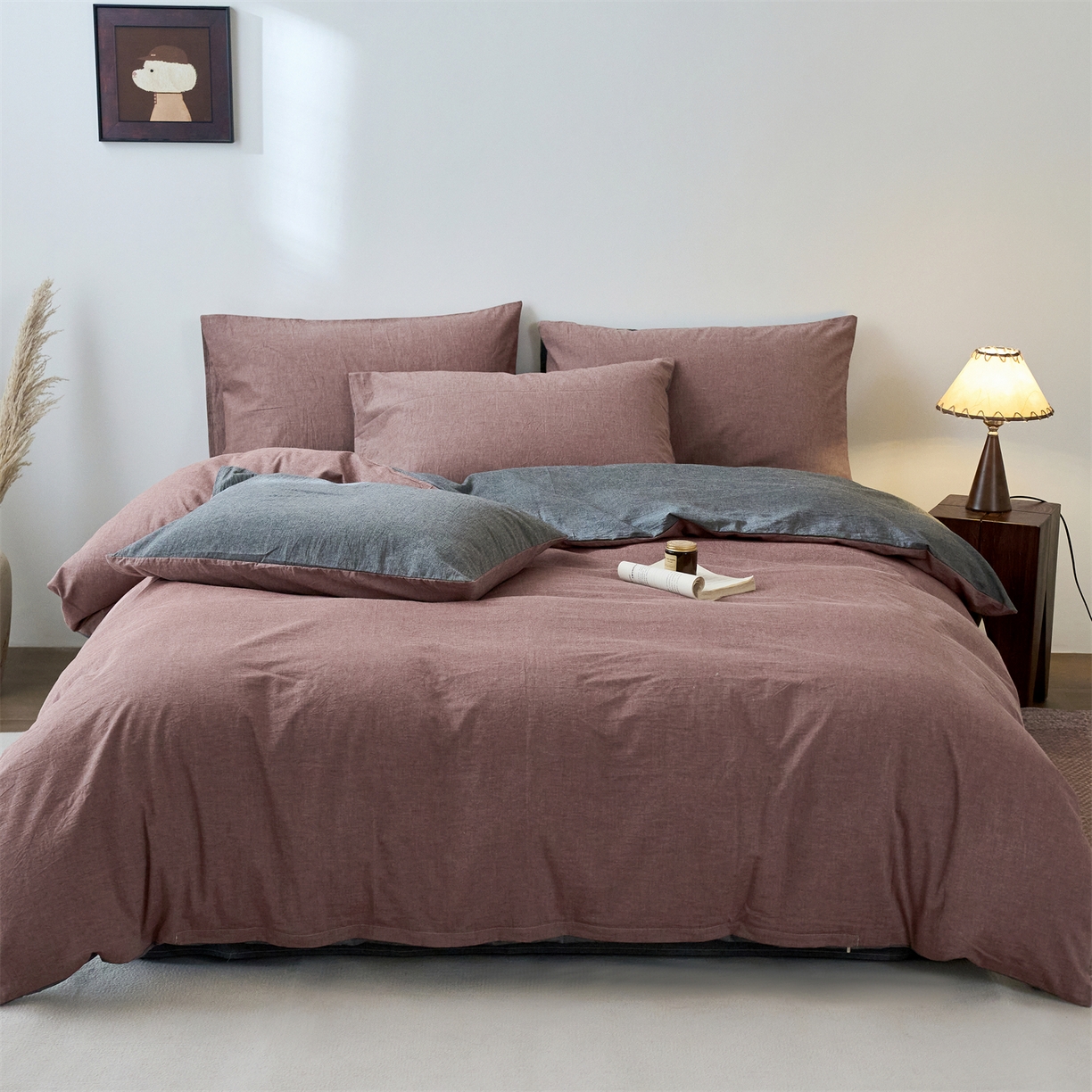 91家纺网 家纺一手货源 找家纺 兰紫橙家纺 2026新款A类色织纯色全棉水洗棉四件套 全棉水洗棉-暗红+月岩黑