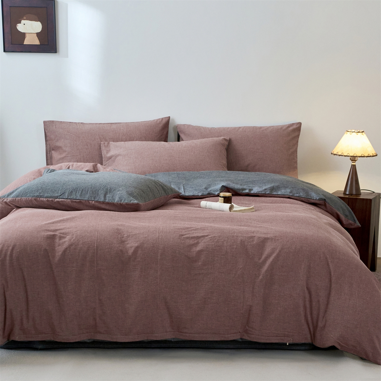 91家纺网 家纺一手货源 找家纺 兰紫橙家纺 2026新款A类色织纯色全棉水洗棉四件套 全棉水洗棉-暗红+月岩黑