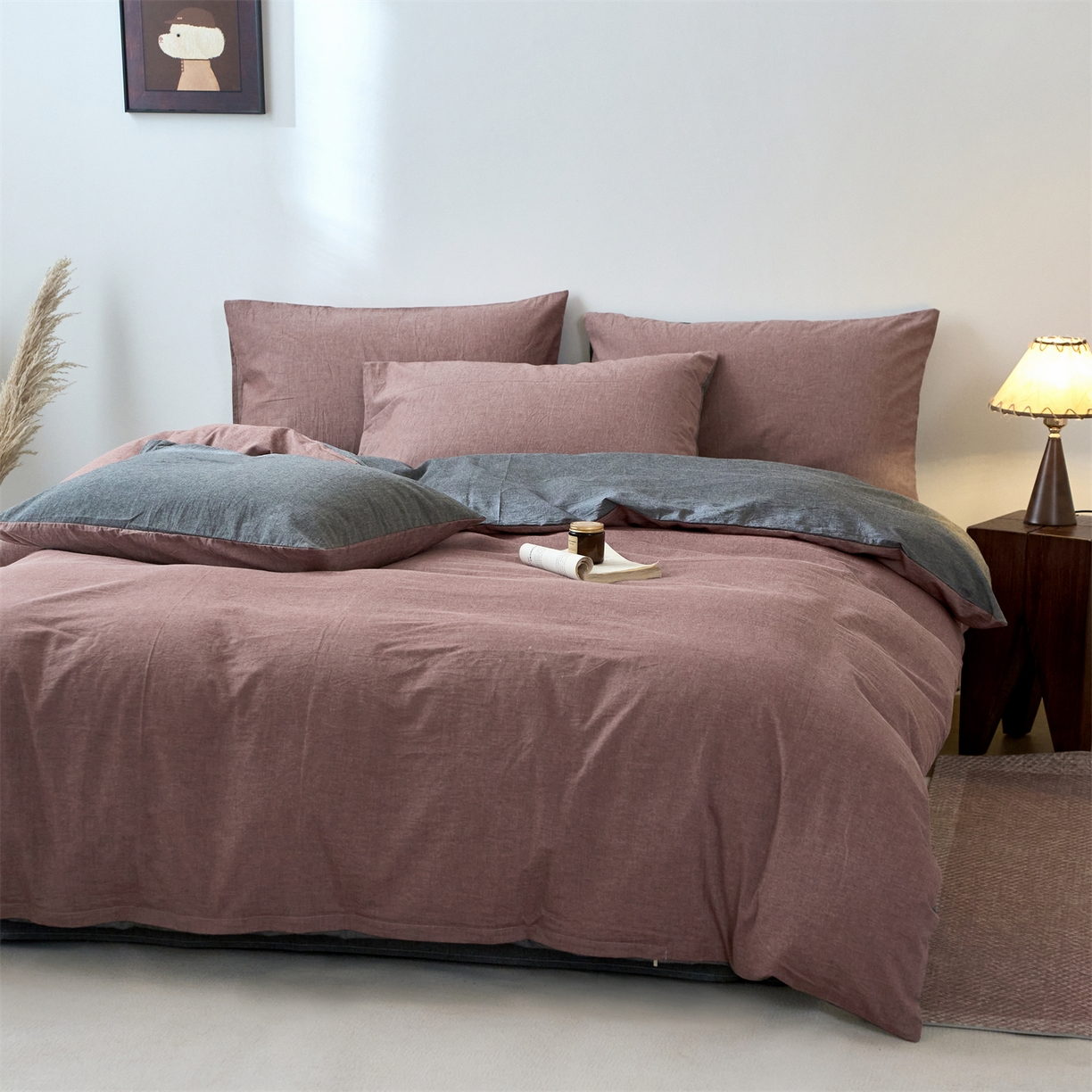 91家纺网 家纺一手货源 找家纺 兰紫橙家纺 2026新款A类色织纯色全棉水洗棉四件套 全棉水洗棉-暗红+月岩黑