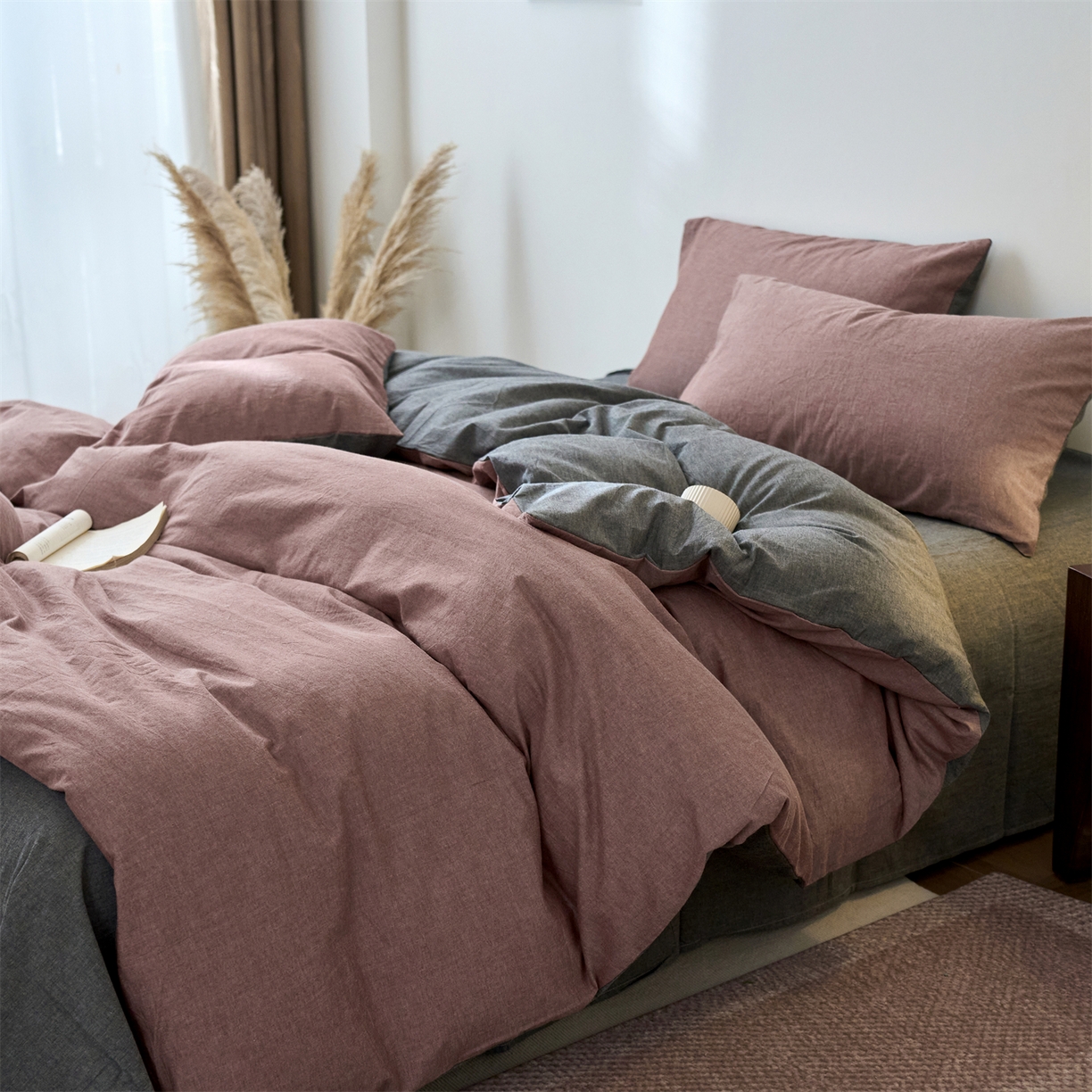 91家纺网 家纺一手货源 找家纺 兰紫橙家纺 2026新款A类色织纯色全棉水洗棉四件套 全棉水洗棉-暗红+月岩黑