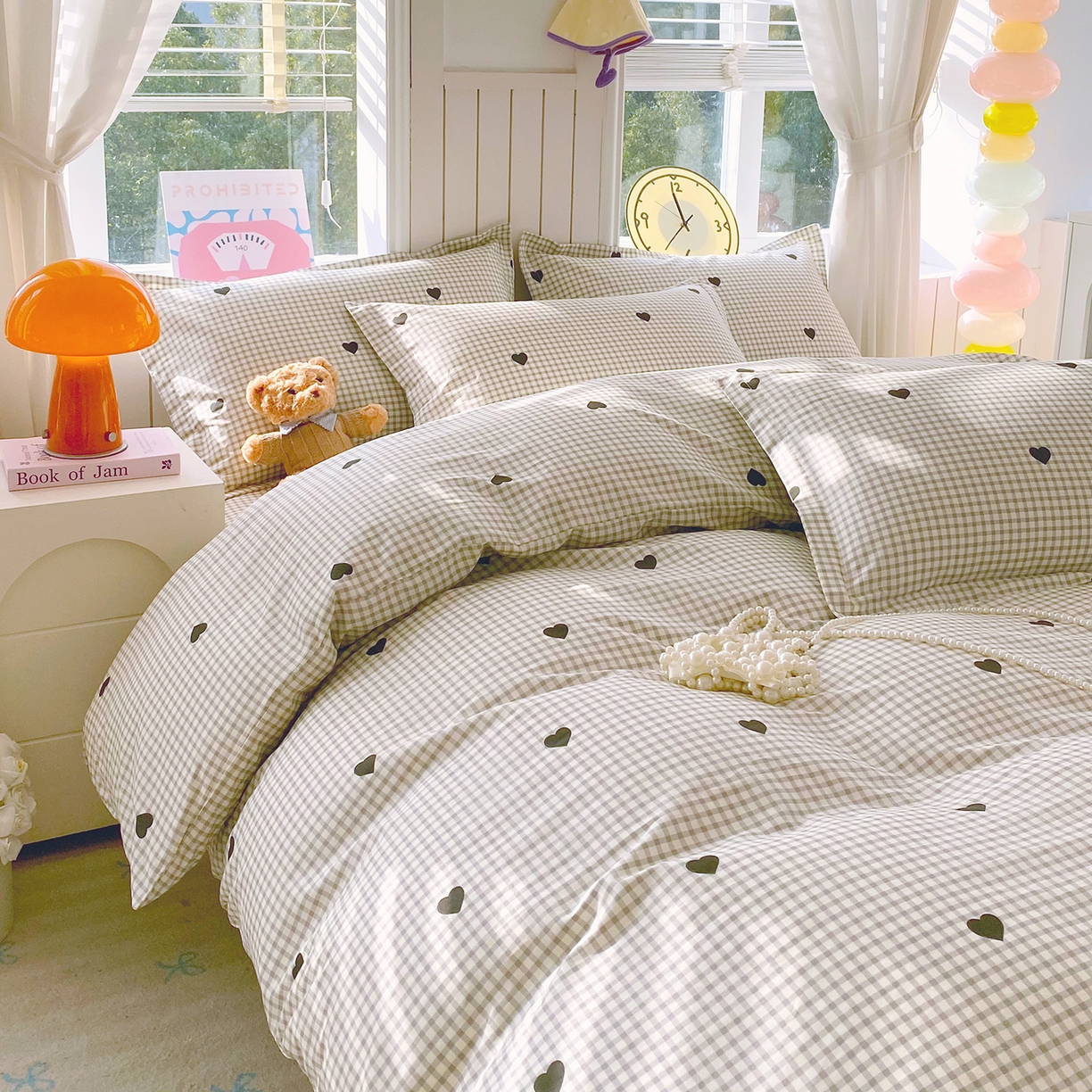 91家纺网 家纺一手货源 找家纺 金丝兔 2026新款ins新疆全棉印花小清新纯棉单被套（提供买家秀和质检报告） 格子爱心