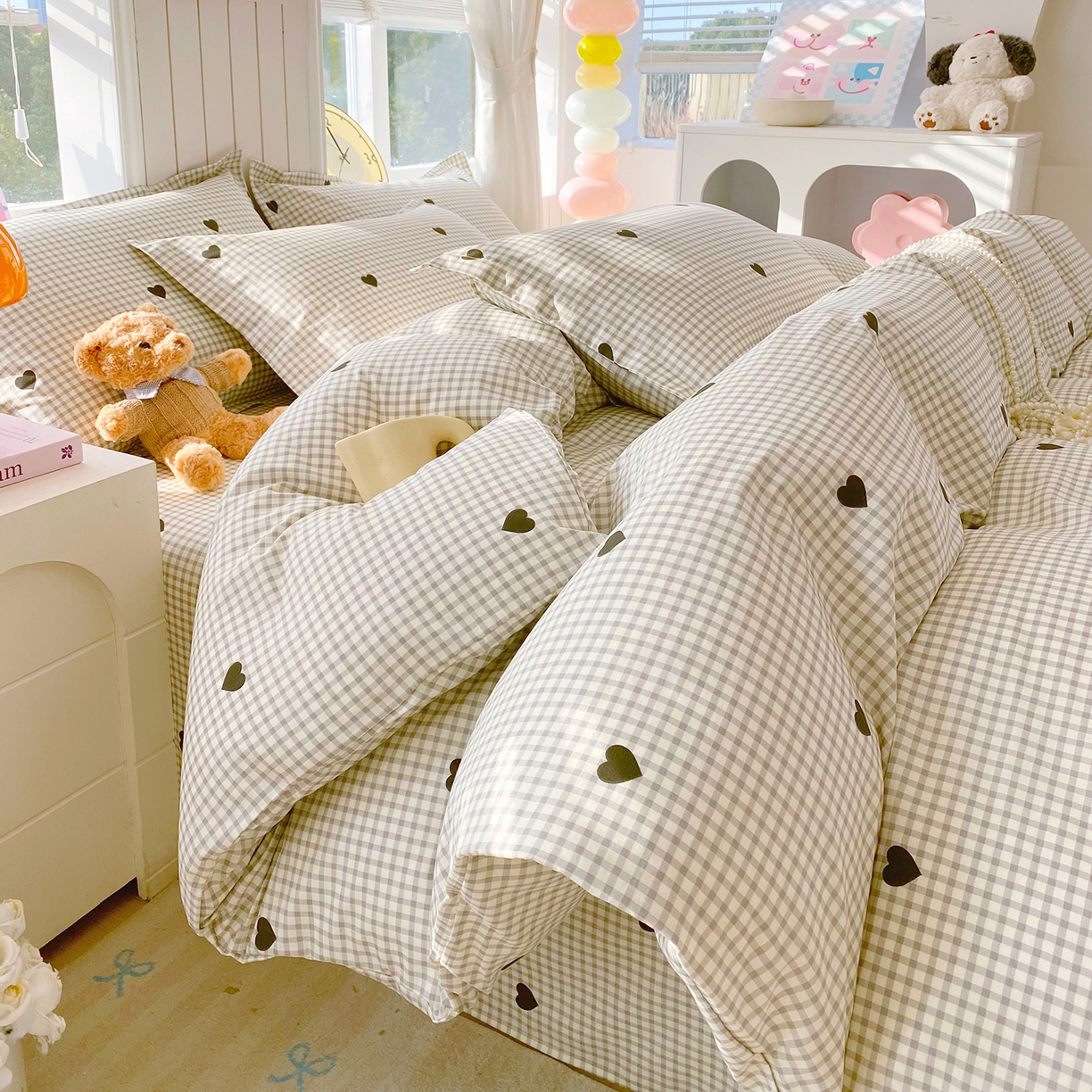 91家纺网 家纺一手货源 找家纺 金丝兔 2026新款ins新疆全棉印花小清新纯棉单被套（提供买家秀和质检报告） 格子爱心