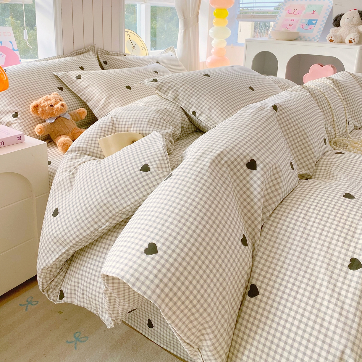 91家纺网 家纺一手货源 找家纺 金丝兔 2026新款ins新疆全棉印花小清新纯棉单被套（提供买家秀和质检报告） 格子爱心