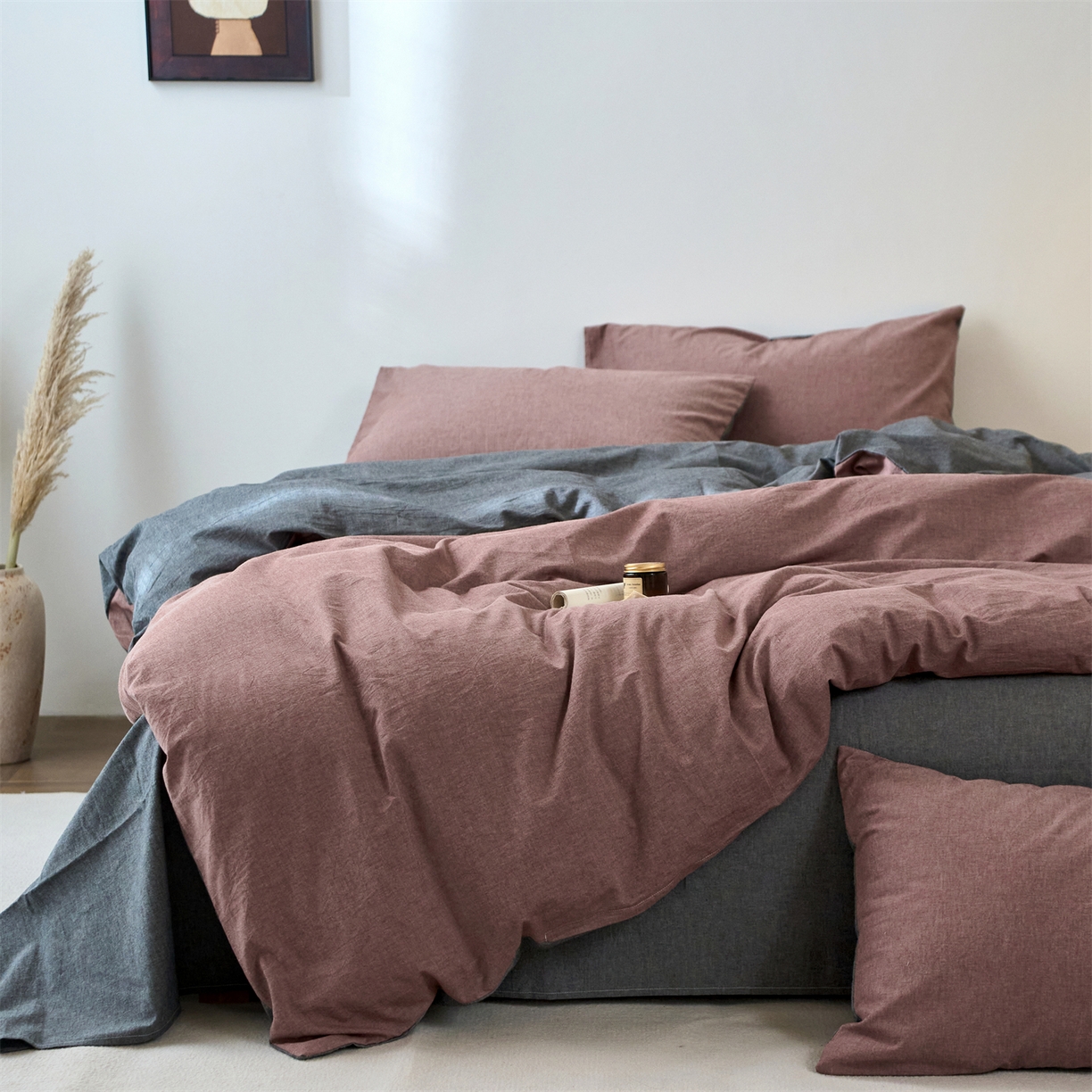 91家纺网 家纺一手货源 找家纺 兰紫橙家纺 2026新款A类色织纯色全棉水洗棉四件套 全棉水洗棉-暗红+月岩黑