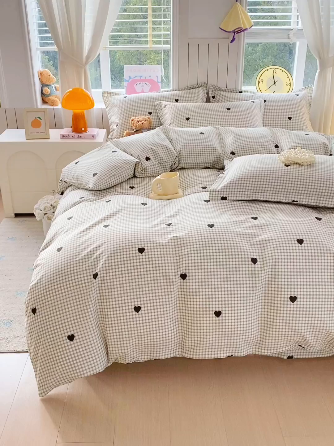 91家纺网 家纺一手货源 找家纺 金丝兔 2026新款ins新疆全棉印花小清新纯棉单被套（提供买家秀和质检报告） 格子爱心