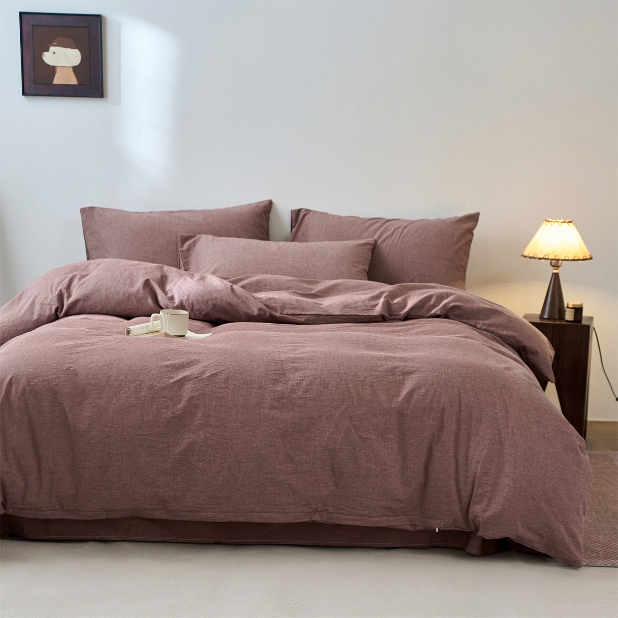 91家纺网 家纺一手货源 找家纺 兰紫橙家纺 2026新款A类色织纯色全棉水洗棉四件套 全棉水洗棉-暗红