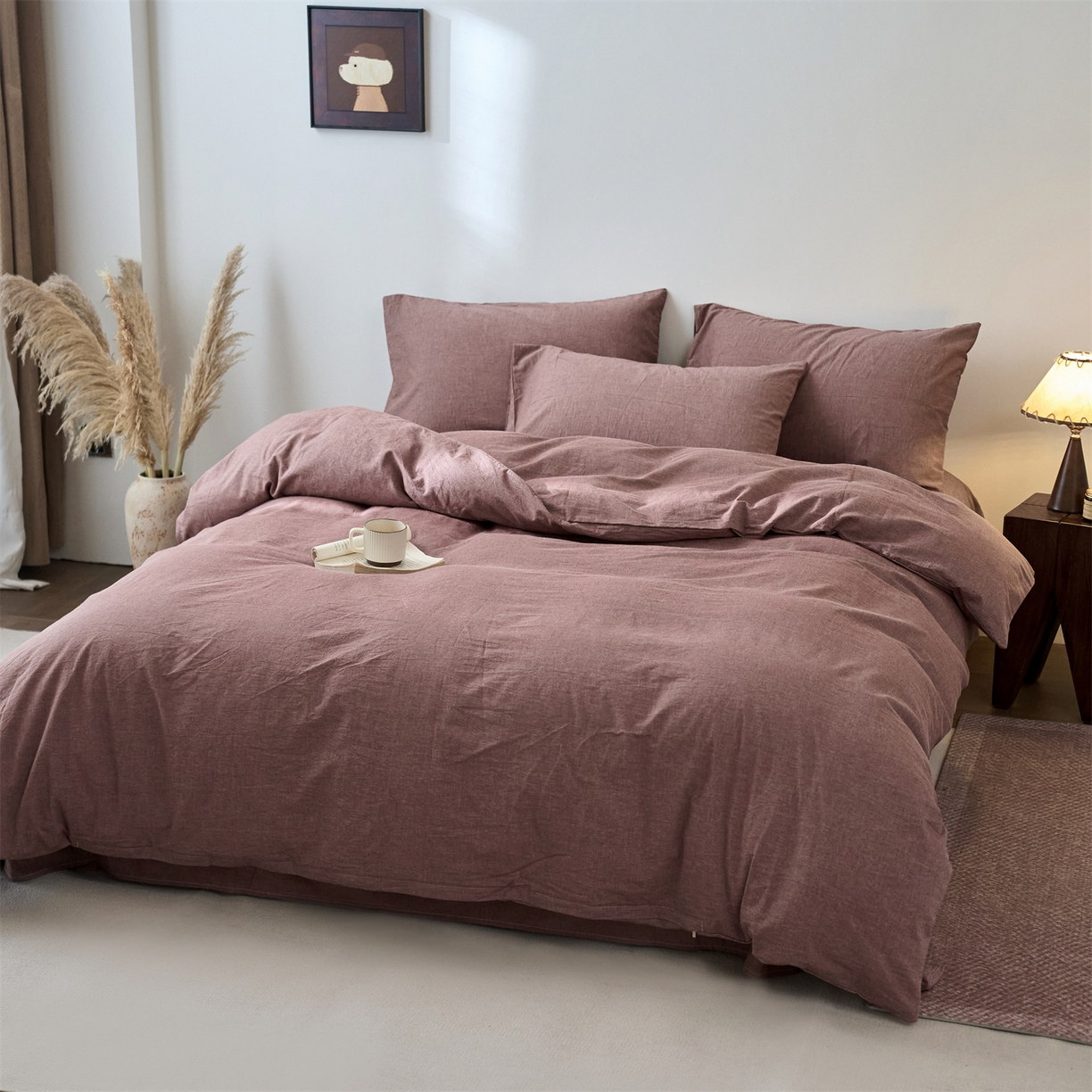 91家纺网 家纺一手货源 找家纺 兰紫橙家纺 2026新款A类色织纯色全棉水洗棉四件套 全棉水洗棉-暗红