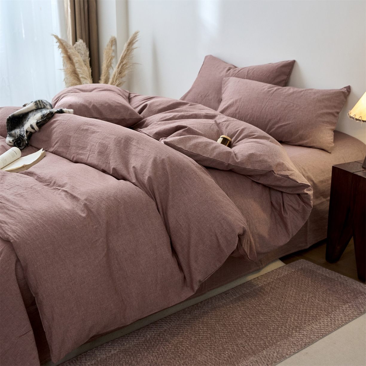 91家纺网 家纺一手货源 找家纺 兰紫橙家纺 2026新款A类色织纯色全棉水洗棉四件套 全棉水洗棉-暗红