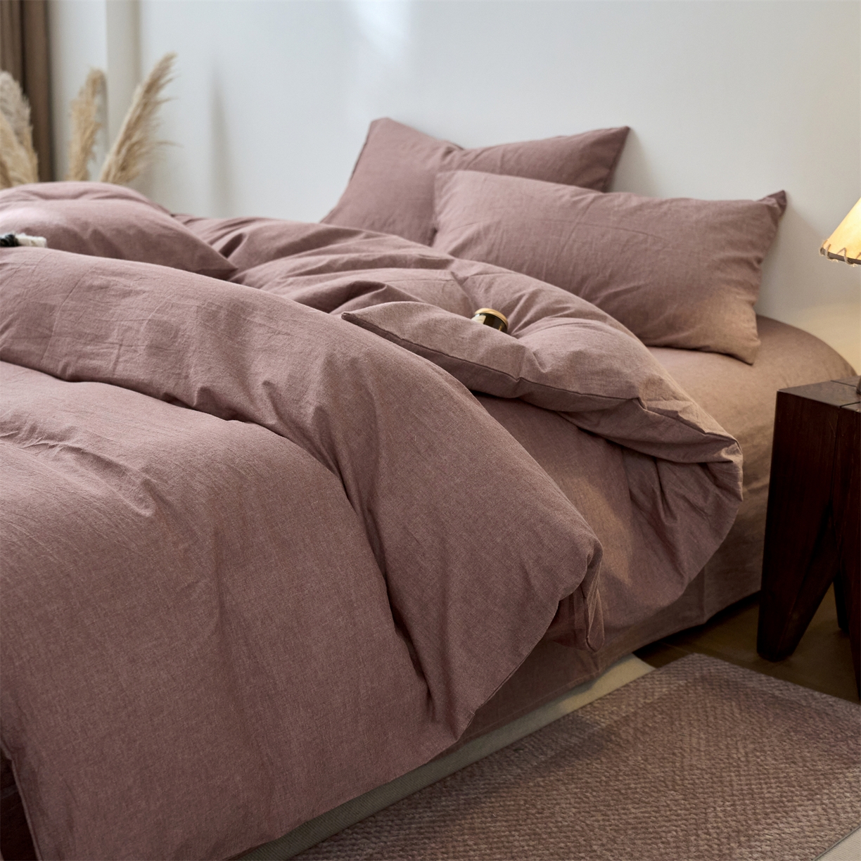 91家纺网 家纺一手货源 找家纺 兰紫橙家纺 2026新款A类色织纯色全棉水洗棉四件套 全棉水洗棉-暗红