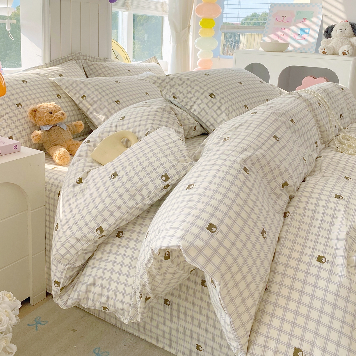 91家纺网 家纺一手货源 找家纺 金丝兔 2026新款ins新疆全棉印花小清新纯棉单被套（提供买家秀和质检报告） 格子熊