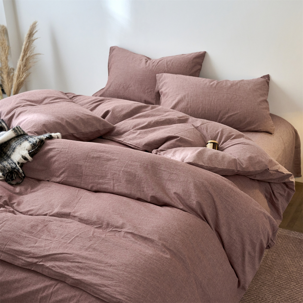 91家纺网 家纺一手货源 找家纺 兰紫橙家纺 2026新款A类色织纯色全棉水洗棉四件套 全棉水洗棉-暗红