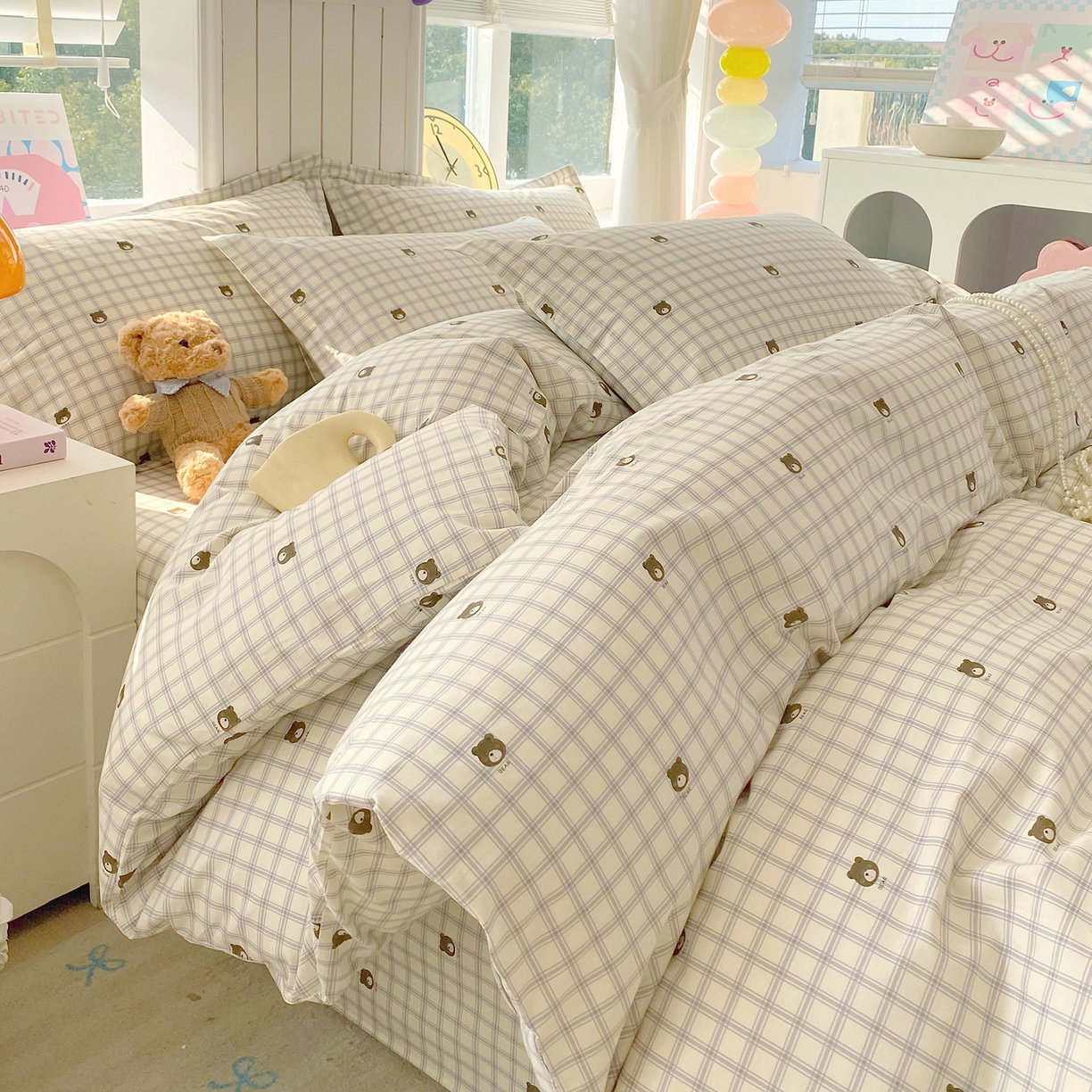 91家纺网 家纺一手货源 找家纺 金丝兔 2026新款ins新疆全棉印花小清新纯棉单被套（提供买家秀和质检报告） 格子熊