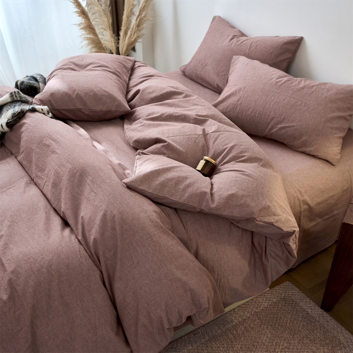 91家纺网 家纺一手货源 找家纺 兰紫橙家纺 2026新款A类色织纯色全棉水洗棉四件套 全棉水洗棉-暗红