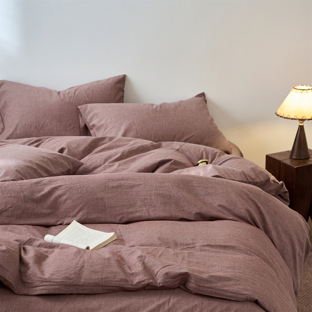 91家纺网 家纺一手货源 找家纺 兰紫橙家纺 2026新款A类色织纯色全棉水洗棉四件套 全棉水洗棉-暗红