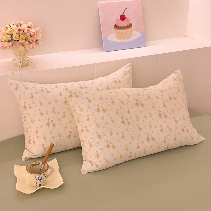 91家纺网 家纺一手货源 找家纺 DoDo 兜兜 2026新款全棉纯棉小温暖双层纱系列单枕套【可定做尺寸】快乐鸭