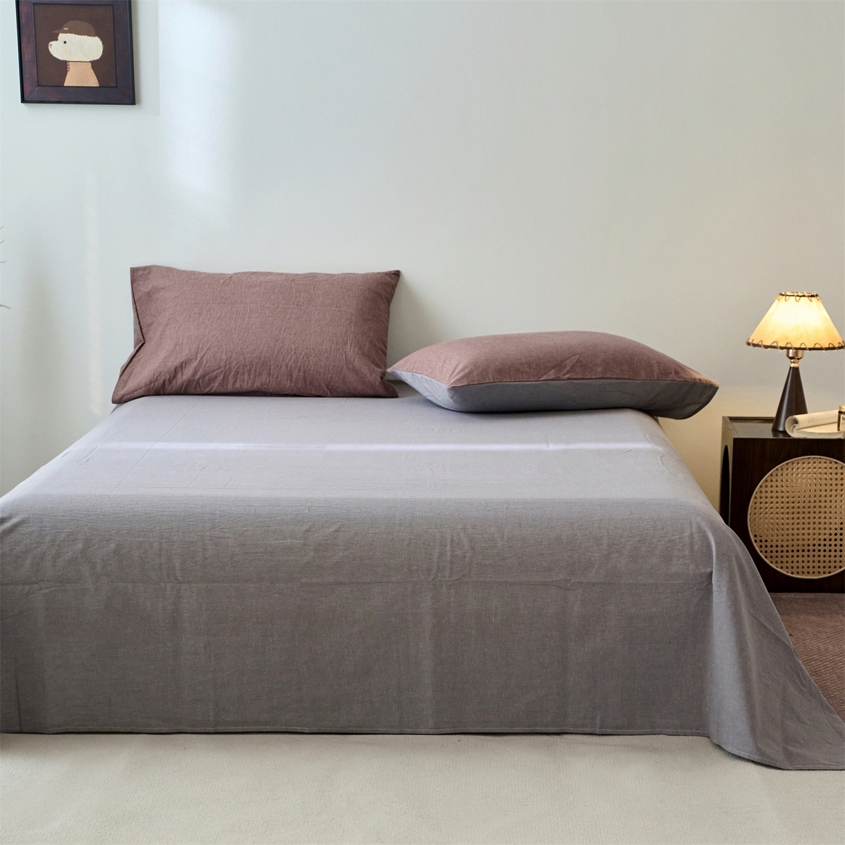 91家纺网 家纺一手货源 找家纺 兰紫橙家纺 2026新款A类色织纯色全棉水洗棉四件套 全棉水洗棉-暗红+浅灰