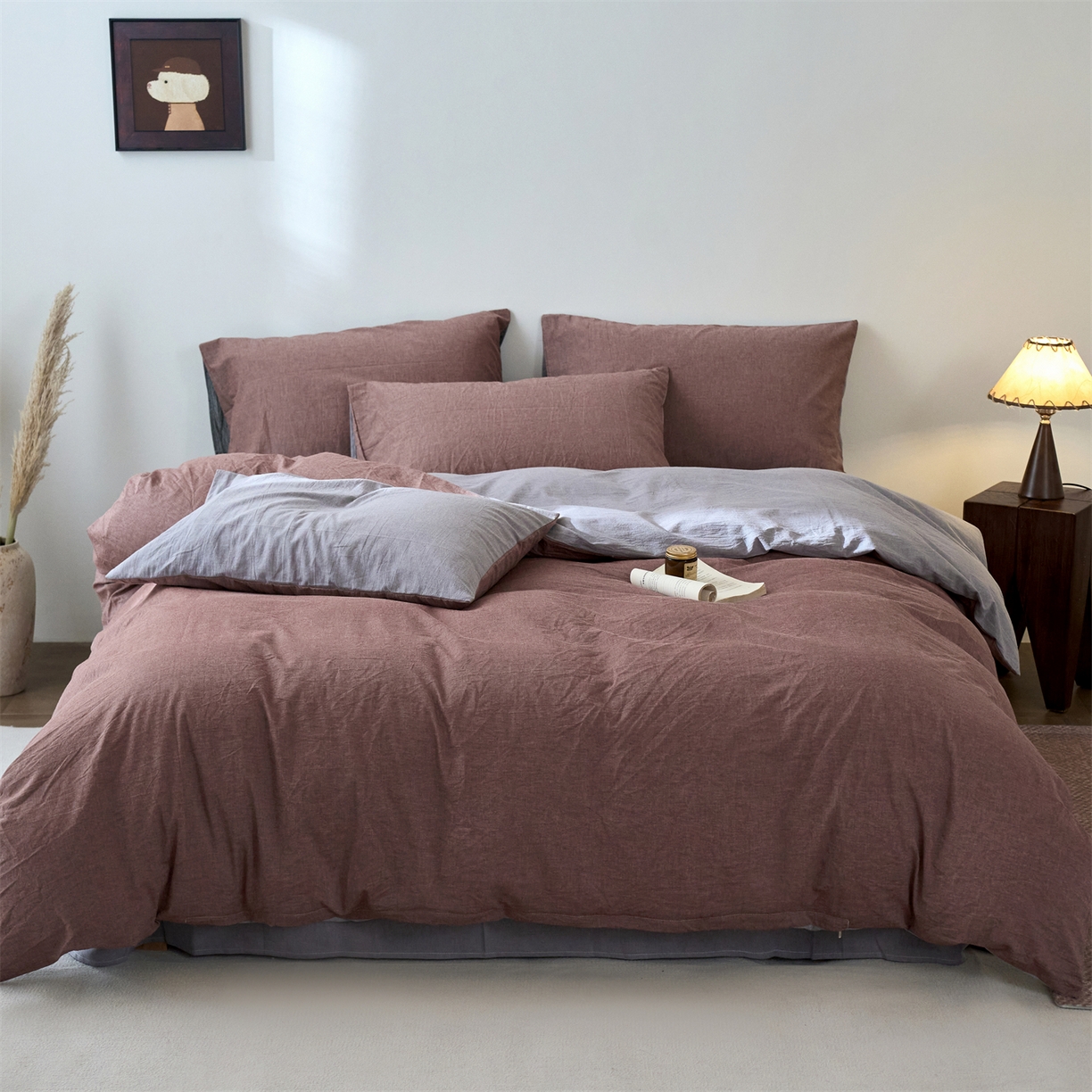 91家纺网 家纺一手货源 找家纺 兰紫橙家纺 2026新款A类色织纯色全棉水洗棉四件套 全棉水洗棉-暗红+浅灰