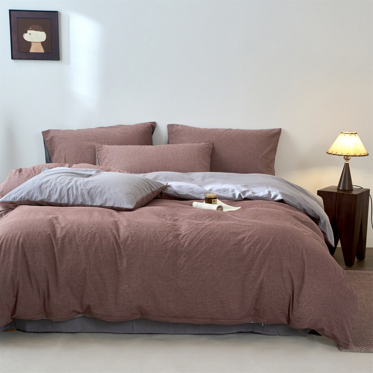 91家纺网 家纺一手货源 找家纺 兰紫橙家纺 2026新款A类色织纯色全棉水洗棉四件套 全棉水洗棉-暗红+浅灰